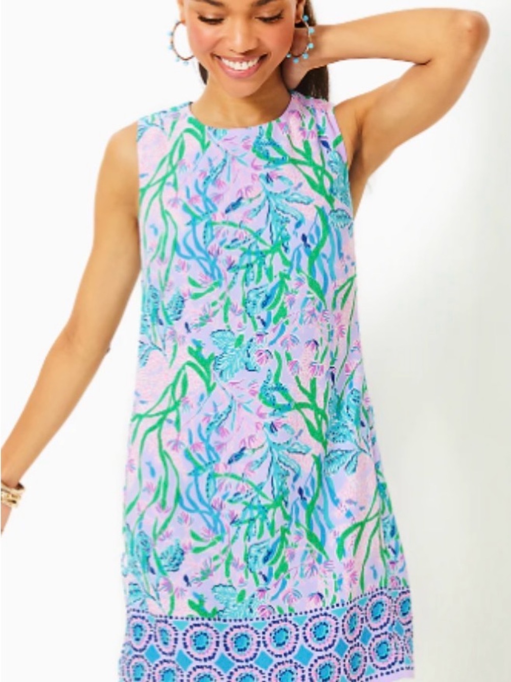 Lilly Pulitzer Pink Floral Shift Dress with Green and Blue Print.